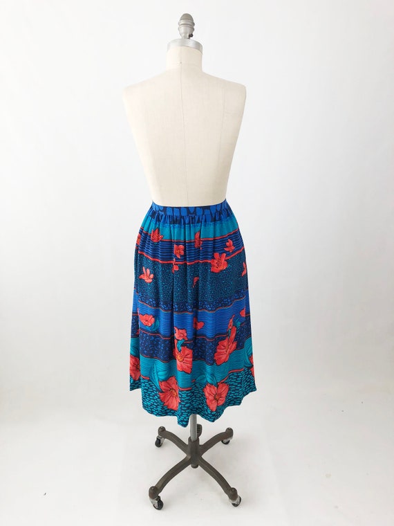 Vintage 80s Silk Midi Skirt - High Waisted Blue F… - image 5