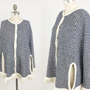 Vintage 60s Knit Poncho Sweater -  Blue & White Acrylic Poncho w/ Fringed Trim - Mid Century Button Up Mod Cape -  OSFA