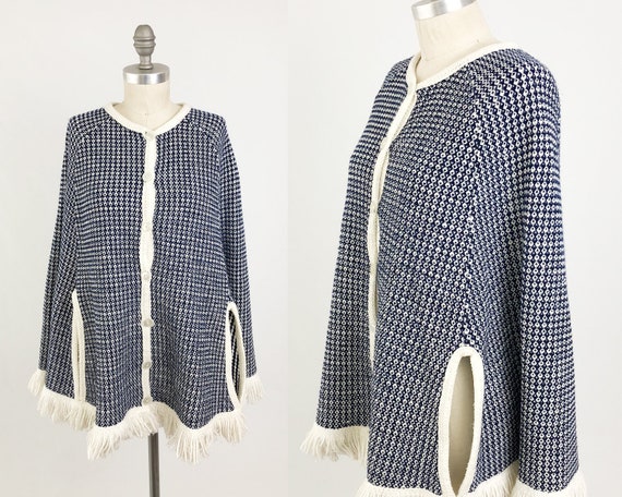Vintage 60s Knit Poncho Sweater -  Blue & White A… - image 1