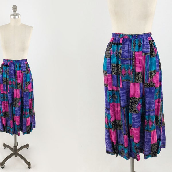 Vintage Tribal Print Skirt Large - 80s 90s Pink and Purple Elastic Waist Rayon A Line Skirt - High Waist Plus Size Vintage XL Midi Skirt