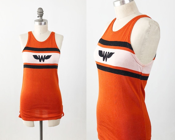 Vintage 50s Jersey Tank Top  - Orange White and B… - image 1