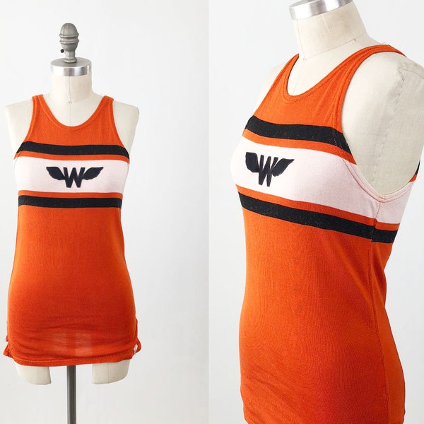 Vintage 50s Jersey Tank Top  - Orange White and Black Sleeveless Rayon Shirt with W Applique - 60s Sportswear - Size Medium