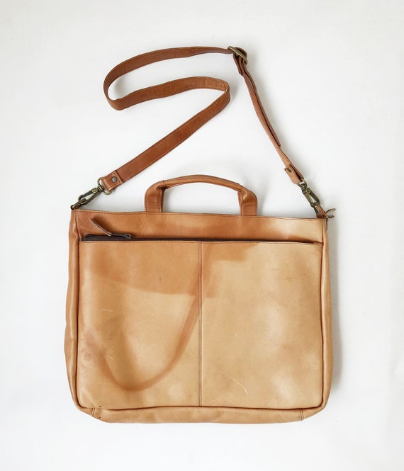 Vintage Tan Leather Messenger Bag Crossbody School… Gem