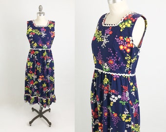 Sukienka dzienna z bawełny w stylu vintage z lat 60. - bez rękawów, linia A, granatowa, kaliko, kwiatowa, midi - sukienka letnia Mod Hippie Boho - rozmiar od małego do średniego
