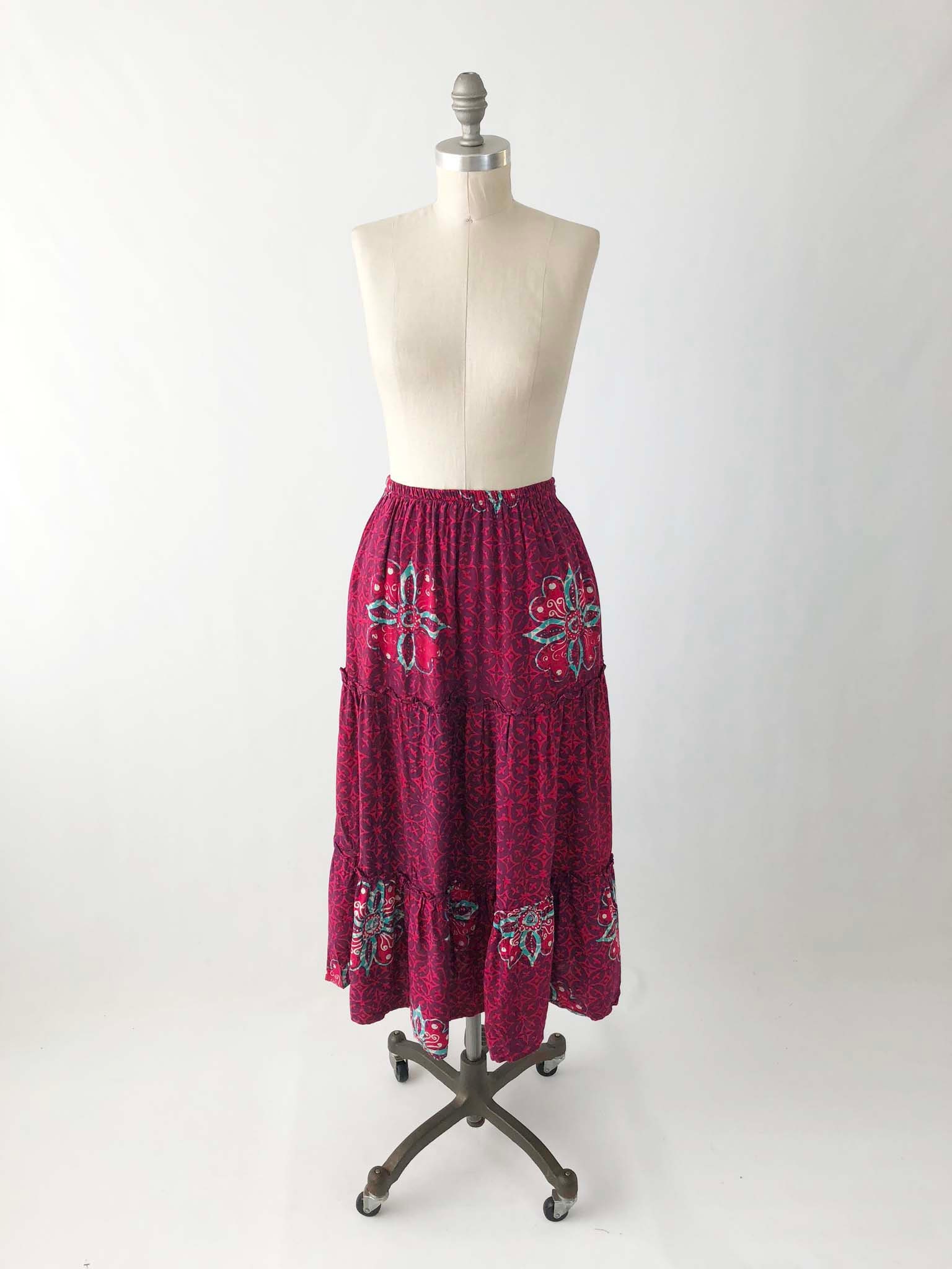 Vintage Bohemian Batik Midi Skirt Tiered Magenta Cotton A | Etsy