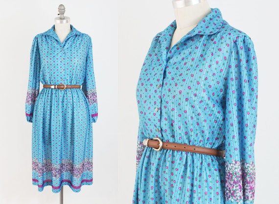 Vintage 70s Boho Folk Dress - Blue and Purple Flo… - image 1