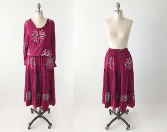 Vintage Bohemian Batik Midi Skirt - Tiered Magenta Cotton A Line Skirt w/ Elastic Waist - Ethnic Boho Festival Dress - Size Small Medium