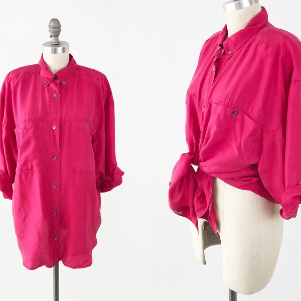 Vintage 80s Silk Blouse Shirt - Button Up Top by Forenza - Oversized Hot Pink Collared Utility Shirt - Size Medium Small Large