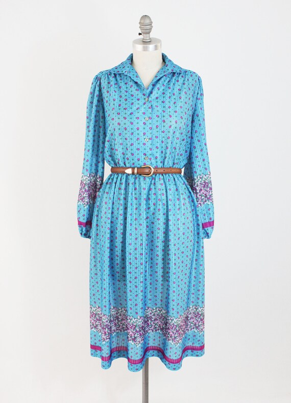 Vintage 70s Boho Folk Dress - Blue and Purple Flo… - image 4
