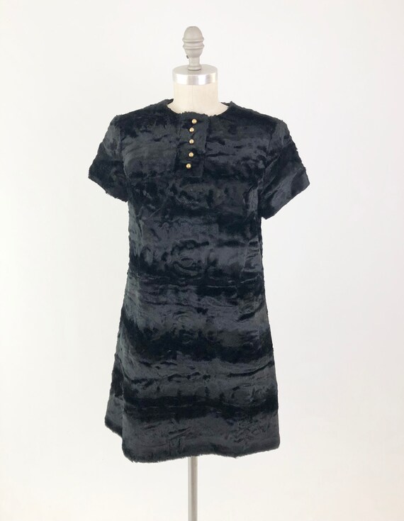 Vintage 60s Mod Mini Dress - Black Faux Fur Cap S… - image 6