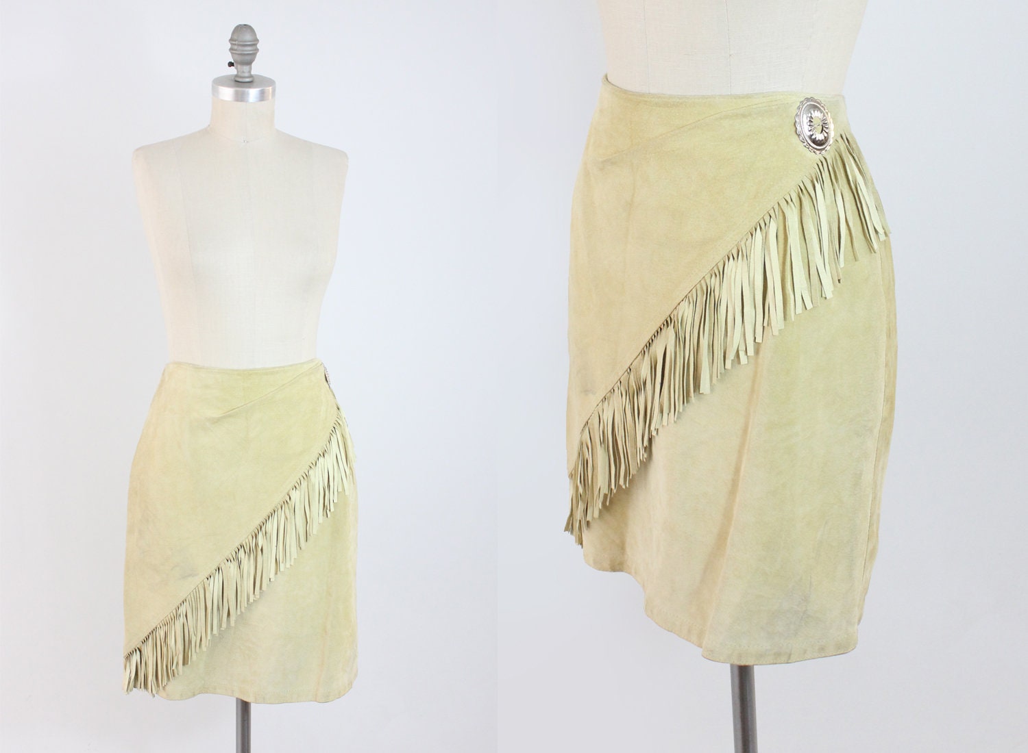 Vintage Western Fringed Suede Skirt - 80s Boho Rocker Leather Festival Skirt - Buttercream Yellow High Waisted Skirt w/ Concho - Size Medium