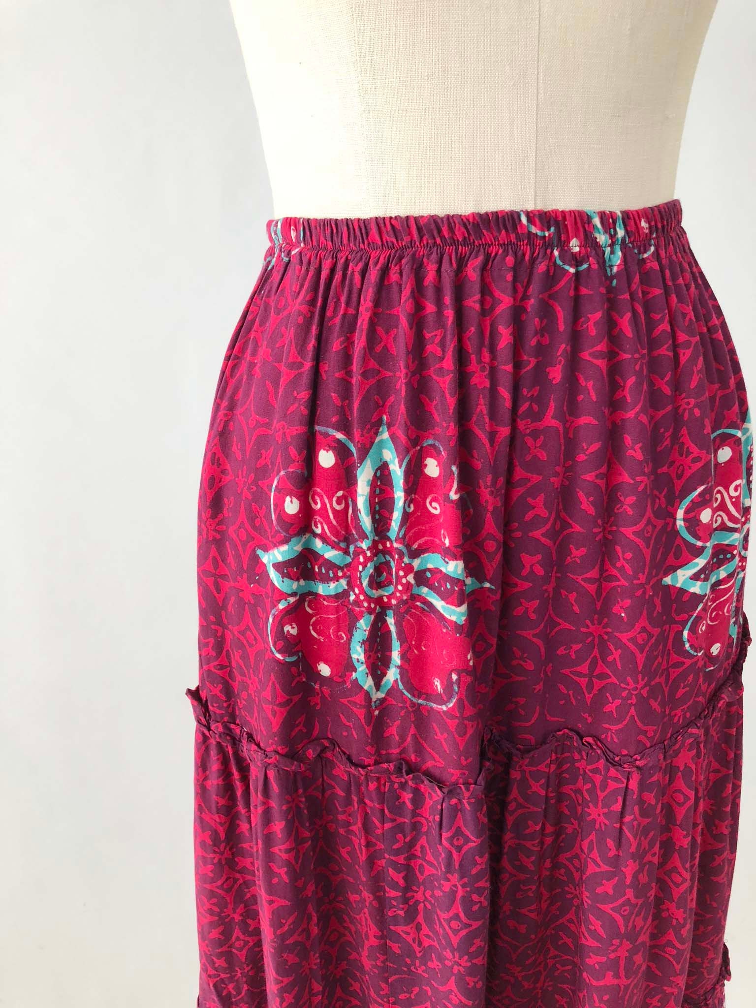 Vintage Bohemian Batik Midi Skirt Tiered Magenta Cotton A | Etsy