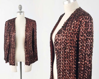 Vintage 70s Sequin Disco Jacket - Rust Orange Brown Bohemian Hippie Glam Rockstar Blazer Top by I Magnin Jonathan Logan - Size Small S