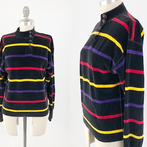 Vintage Sonia Rykiel Sweater Top - 80s Designer Mock Neck Long Sleeve Velour Rugby Stripe Sweatshirt - Size Small to Medium