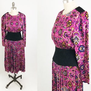 Vintage 80s vestido de fiesta de seda - ante cinturón Blouson Secretario vestido de día por Megan Barrett - manga larga noche vestido midi - tamaño pequeño mediano