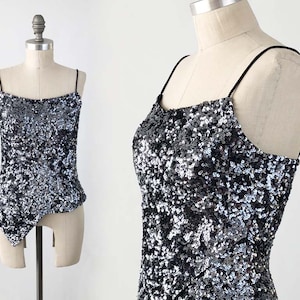 Vintage Sequin SILK Tank Top - Spaghetti Strap Beaded 80s 90s Sleeveless Silver Black Sparkly Trophy Blouse by CACHE - Clubwear Size Small