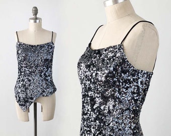 Vintage Sequin SILK Tank Top - Spaghetti Strap Beaded 80s 90s Sleeveless Silver Black Sparkly Trophy Blouse by CACHE - Clubwear Size Small