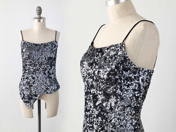 Vintage Sequin SILK Tank Top - Spaghetti Strap Bea