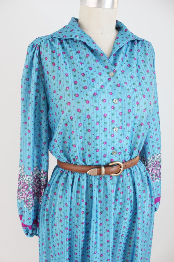 Vintage 70s Boho Folk Dress - Blue and Purple Flo… - image 3