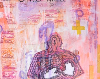 Hybrid Palimpsest Drawing – A4 Mixed Media Collage on Orange Paper – Original Plotter & Marker Art