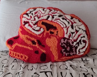 Head cushion art object in red and orange anatomical cushion deco craft