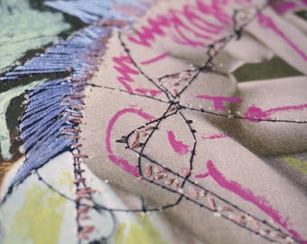 Embroidered Figure Artwork – Vintage Book Page, Mixed Media Collage