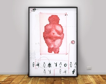 Printable art Red pixelated Venus aquatint stamps and threads