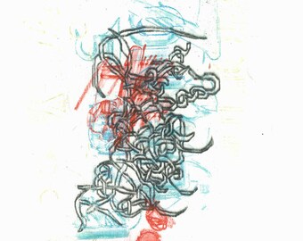 Printable art monotype drawing lines numbers  in red turquoise