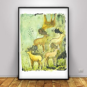 Printable art nature Deer Lithograph green and brown instant download image 1