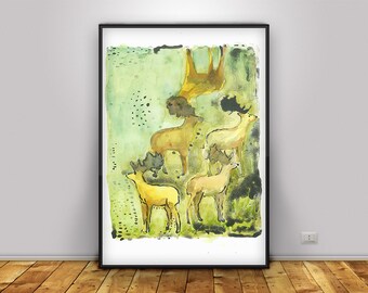 Printable art nature  Deer  Lithograph green and brown instant download