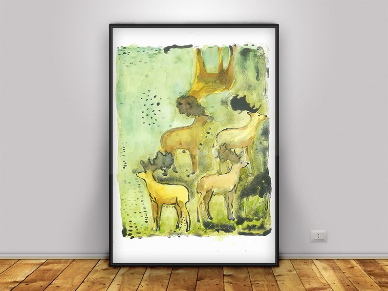 Printable art nature Deer Lithograph green and brown instant download image 1