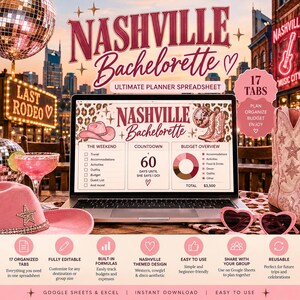 Peut inclure: Un ordinateur portable affichant une feuille de calcul de planification Nashville Bachelorette avec 17 onglets, incluant un aperçu budgétaire, un compte à rebours et une liste de contrôle. L'écran affiche Nashville Bachelorette et 60 days until she says I do.