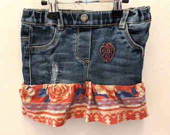 Girl Upcycling Jeans Skirt, Size 86 (EU), blue orange with strawberry