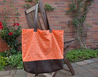 Bag from cotton and leather, shopping bag, orange brown, flowered