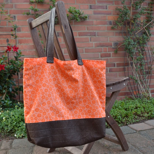 Tas van katoen en leer, shopper, oranje, bruin, met bloemen