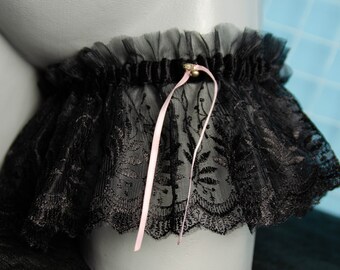 Wide garter, from black lace and velvet with bells and pink satinband, size M, gothic, wedding