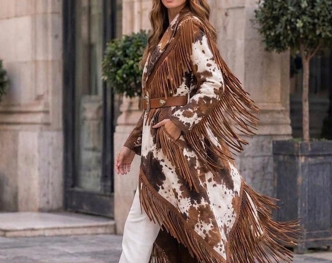 Featured listing image: Real Cowhide Fringe Duster Jacket, Western Hair-on-Hide Outerwear, Boho Festival Coat
