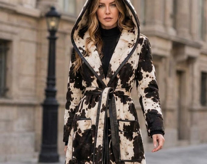Featured listing image: Cowhide Leather Trench Coat with Hood, Western Boho Belted Jacket