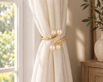 Gold or SilverPearl-Look CurtainHoldback Clip, CurvedMetal Drapery Holderwith Four Beads forGathered WindowCurtains