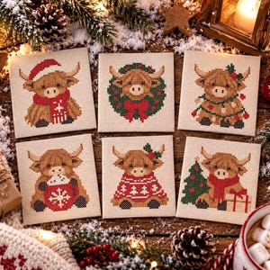 Patrón de punto de cruz de adorno de vaca de las Tierras Altas, paquete de Feliz Navidad de 6 lindas mini vacas con gorros y suéteres de Papá Noel, PDF