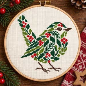 May include: A cross-stitch embroidery in a round wooden hoop featuring a bird silhouette composed of green leaves and small red berries. The design is stitched onto off-white fabric, with the bird facing right, featuring brown legs and a brown beak.