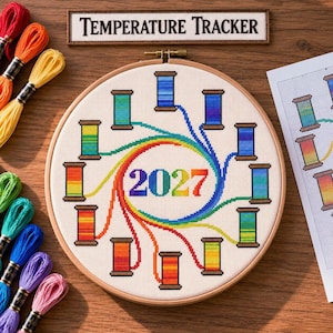 Temperature Cross Stitch Pattern 2027, Thread Spools Year Tracker, Daily Weather Stitch Along, Rainbow Needlepoint Chart PDF