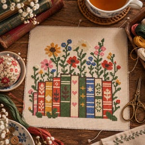 May include: A square piece of Aida fabric featuring a cross-stitch pattern of a row of colorful books with various wildflowers growing out of the tops. The books are depicted in red, yellow, green, white, and blue with geometric patterns.