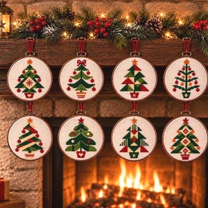 Christmas Tree Cross Stitch Pattern, 8 Patchwork Quilt Trees, Folk Art Christmas Ornament Chart, Nordic Holiday Sampler, Printable PDF