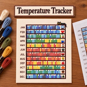 Könnte beinhalten: Ein Kreuzstich-Temperatur-Tracker-Projekt mit einem Bücherregal-Design und monatlichen Zeilen von JAN bis DEC. Jede Zeile enthält farbige Stiche, die tägliche Temperaturen darstellen, sowie eine kleine schwarze Katze und saisonale Symbole.