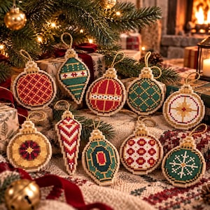 May include: A collection of ten cross-stitched Christmas ornaments in various shapes, including round and teardrop designs. The ornaments feature intricate geometric, floral, and snowflake patterns in red, green, gold, and white, each with a gold hanging loop.