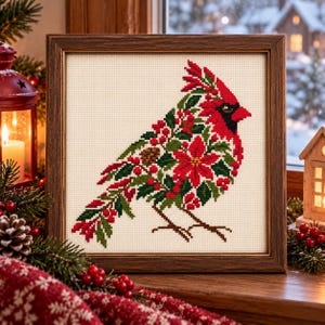 May include: A square cross-stitch embroidery in a dark wooden frame featuring a cardinal bird composed of red poinsettia flowers, green holly leaves, red berries, and a small brown pinecone, set against a cream-colored fabric background.