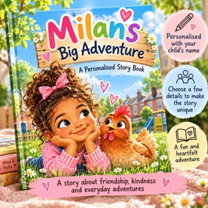May include: A hardcover storybook titled Milan's Big Adventure featuring a child with curly brown hair and a pink bow sitting in grass next to a brown chicken. The cover includes text about friendship, kindness, and personalised story details.