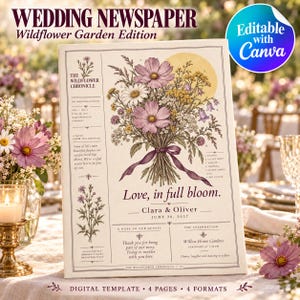 Op de afbeelding: Een trouwkrant-sjabloon getiteld The Wildflower Chronicle, met een centrale illustratie van een boeket wilde bloemen vastgebonden met een paars lint, de tekst Love, in full bloom, Clara & Oliver, June 20, 2027, en een Editable with Canva-badge.