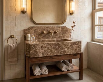 Brown Marble Sink, Wall Mount Stone Basin, Emperador Marble Vanity Sink, Carved Natural Stone Basin for Powder Room Bathroom Renovations